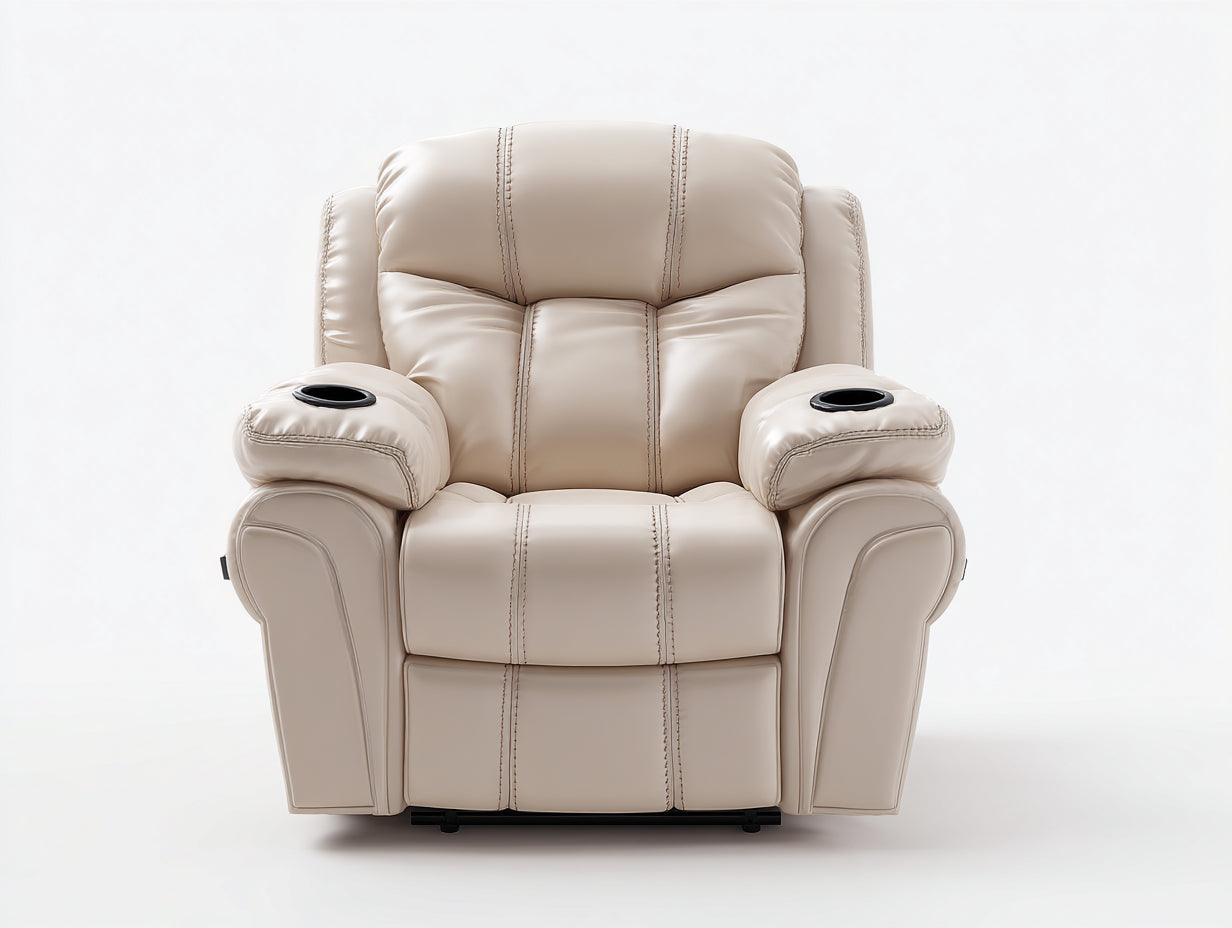Liegesessel aus Kunstleder 102x96x104 cm - Beige-Schwarz - gepolsterter Relaxsessel mit Getränkehaltern für Wohnzimmer