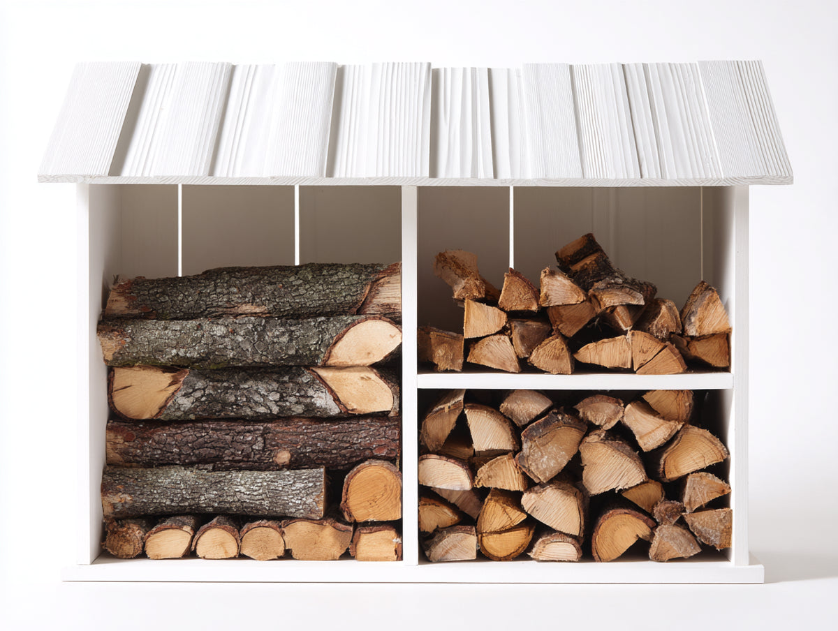 Kaminholzregal Holz 150x45x110 cm - Weiß - mit Dach und 3 Fächern