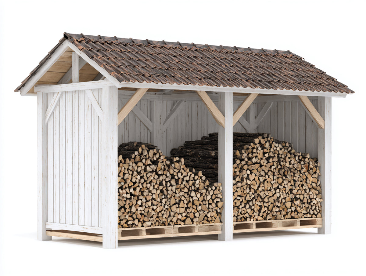 Kaminholzregal aus Holz 320 x 140 x 240 cm - Weiß und Braun - Zwei Lagerbereiche mit Satteldach