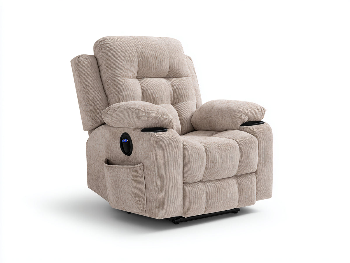 Liegesessel aus Cordstoff 94 x 100 x 110 cm - Beige - Elektrisch verstellbar mit Fußstütze und Getränkehaltern