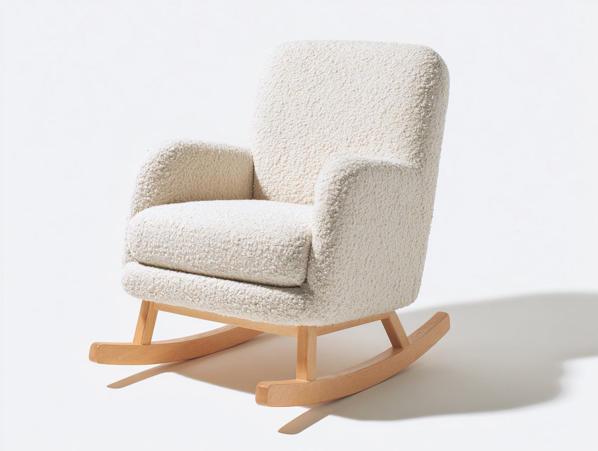 Schaukelstühle Polstersessel Bouclé Stoff 88x74x84 cm - Beige-Naturholz - modernes Design mit Holzkuven