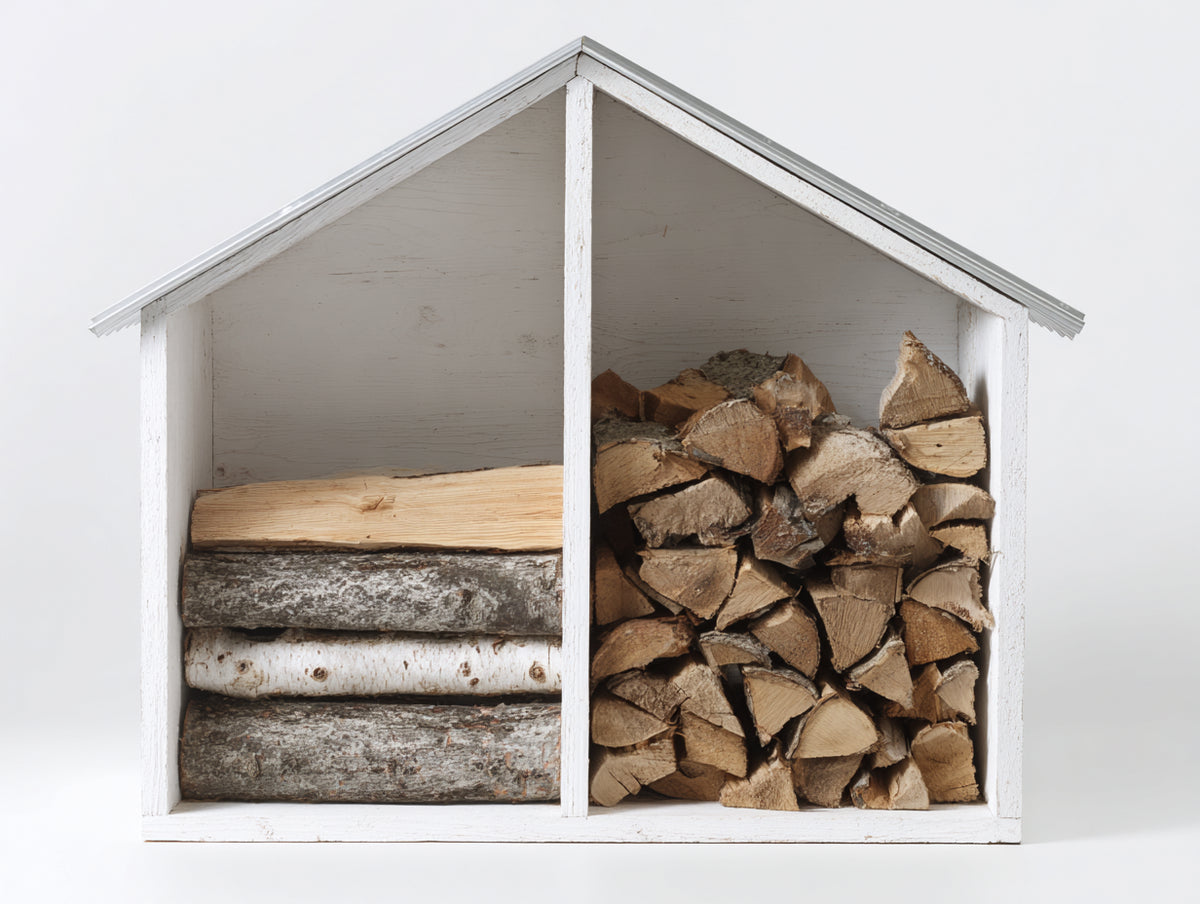 Kaminholzregal aus Holz 120x45x115 cm - Weiß-Grau - kompaktes Brennholzregal mit 2 Lagerfächern für Garten